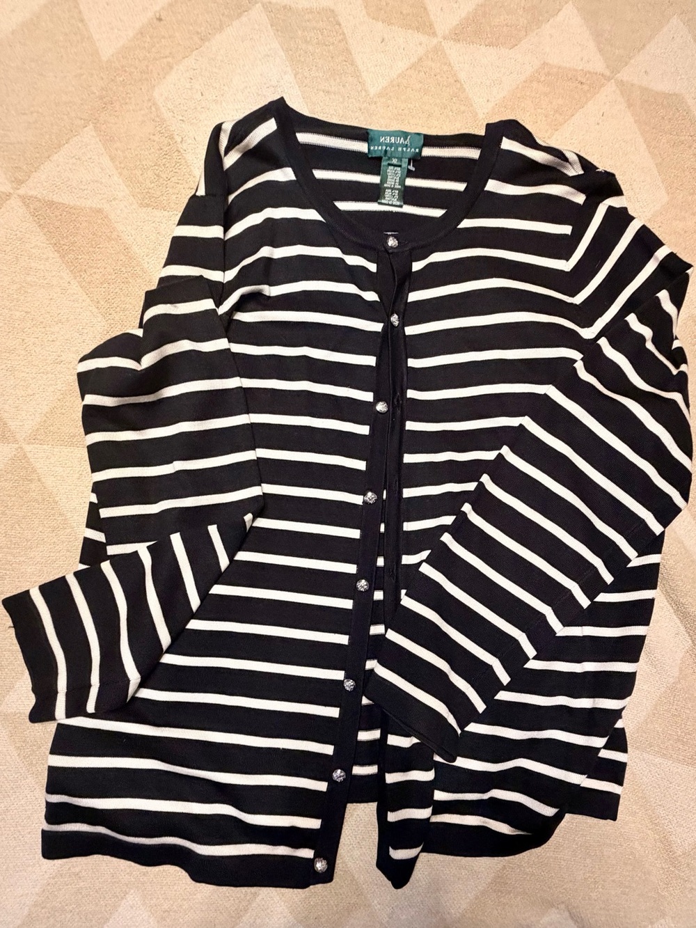 1X Ralph Silk/Nylon Lauren Black and White Striped Cardigan Sweater
